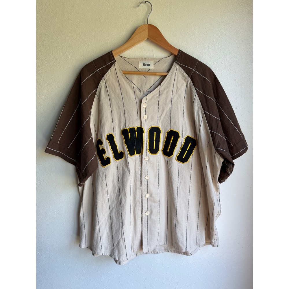 Elwood Athletics Mens Baseball Jersey Cream Brown Pinstripe Felt Patch 7 Size XL